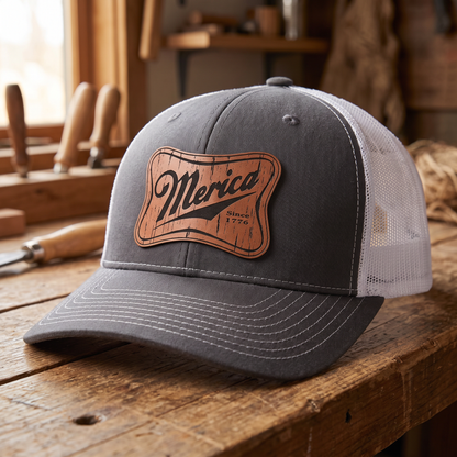 Merica Leatherette Patch Trucker Hat - Charcoal Grey/White