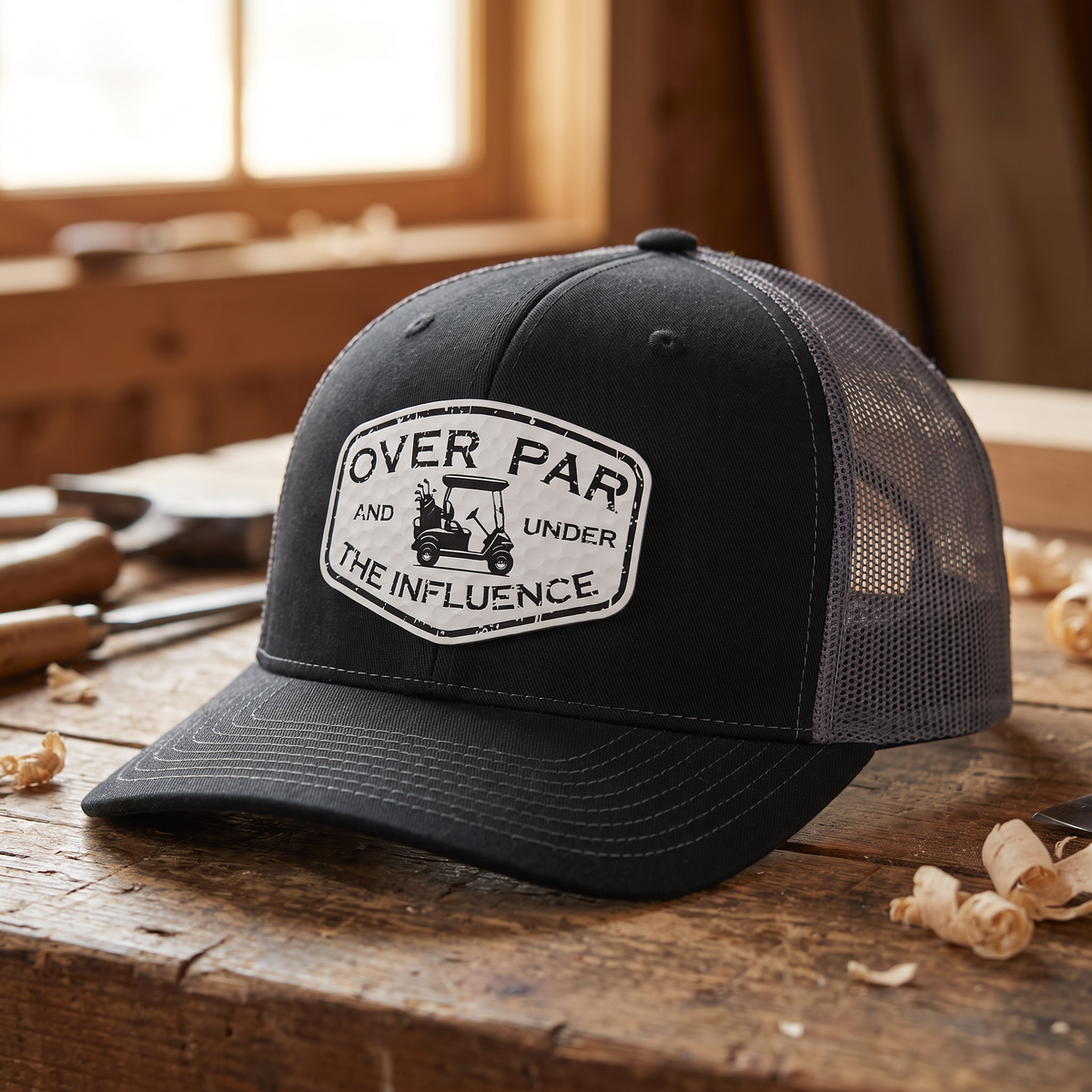 Over Par and Under the Influence Trucker Hat - Black/Charcoal Grey