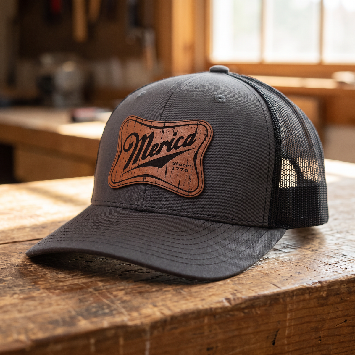 Merica Leatherette Patch Trucker Hat - Charcoal Grey/Black