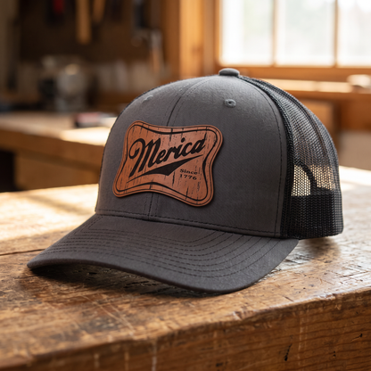 Merica Leatherette Patch Trucker Hat - Charcoal Grey/Black