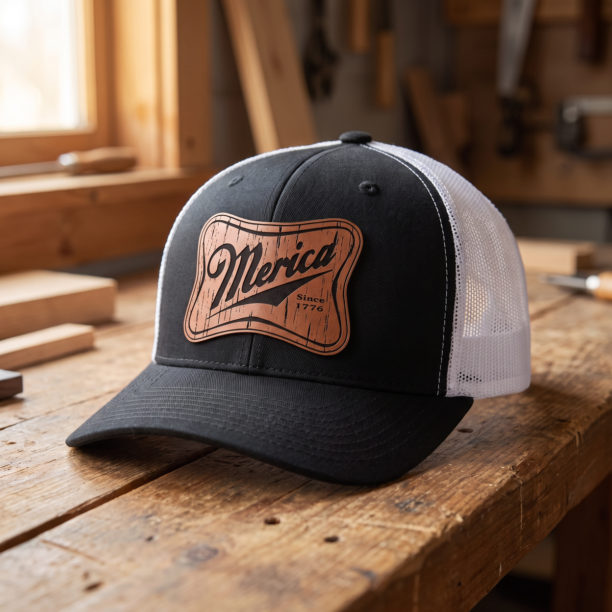 Merica Leatherette Patch Trucker Hat - Black/White