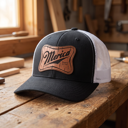 Merica Leatherette Patch Trucker Hat - Black/White