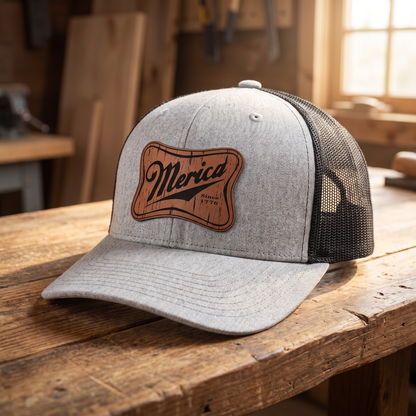 Merica Leatherette Patch Trucker Hat - Heather Grey/Black