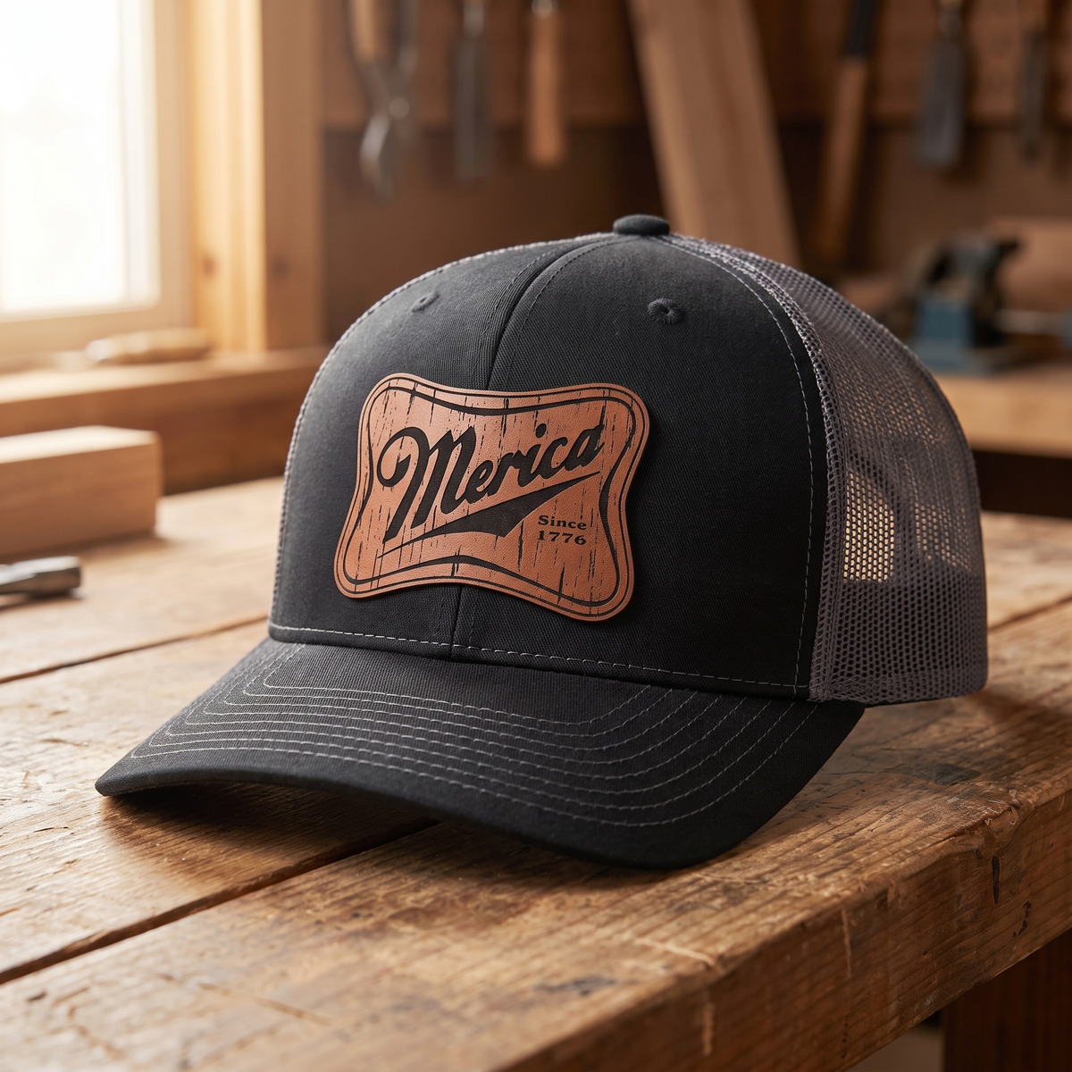 Merica Leatherette Patch Trucker Hat - Black/Charcoal Grey